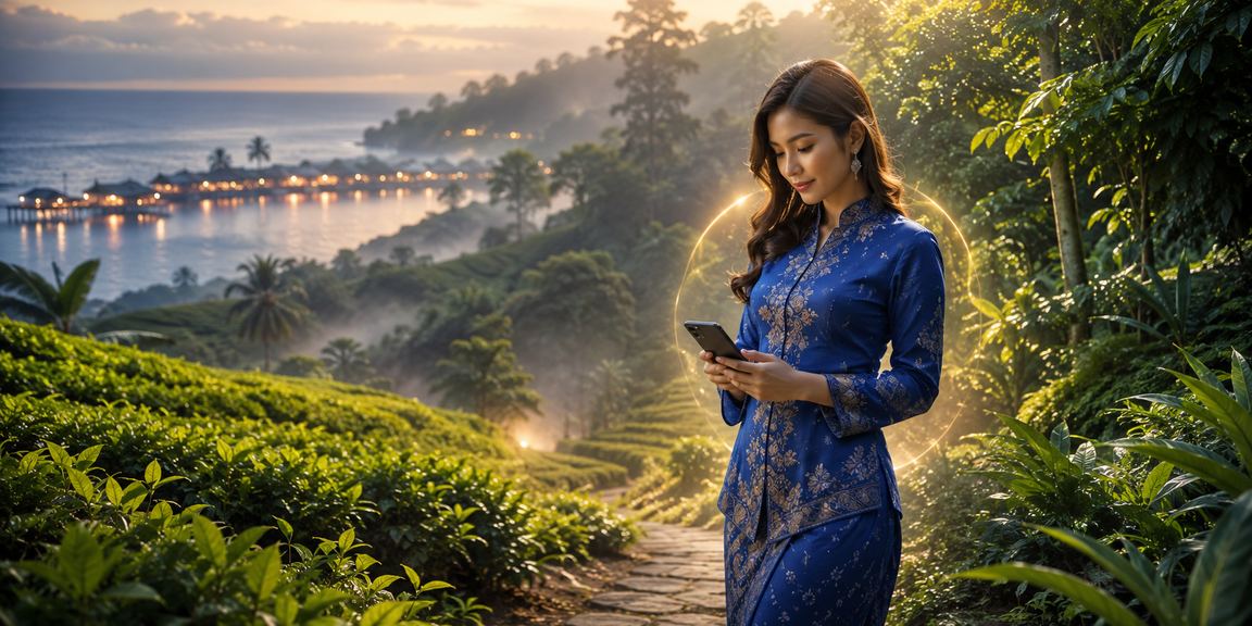 Pengguna Malaysia berpakaian tradisional mengakses platform VIP lifepo4 melalui telefon pintar